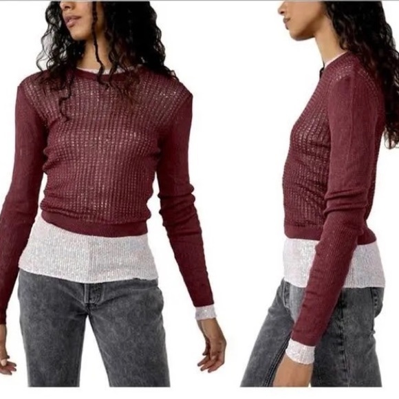 NWT Free People H20 Crew Mesh Pullover in Raw Garnet Medium - Picture 1 of 3